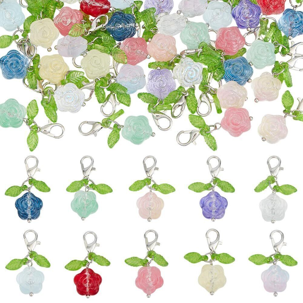 5436 40 Pcs 10 Colors Glass Floral Charms, Rose Flower Pendants with Leaf